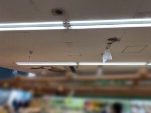 雨漏りしている店内の天井